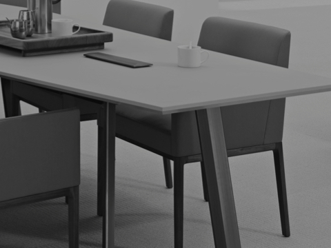Black-and-white image of Nessel side chairs on either side of a Geiger Elsi conference table. Black-and-white image of Nessel side chairs on either side of a Geiger Elsi conference table.