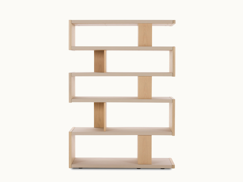 New Canaan High Bookshelf designed by BassamFellows for Geiger in Walnut with Bristol Leather in Sky Grey shown in front view on a white sweep.