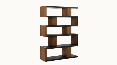New Canaan High Bookshelf designed by BassamFellows for Geiger in Walnut with Black Leather shown angled on a white sweep. New Canaan High Bookshelf designed by BassamFellows for Geiger in Walnut with Black Leather shown angled on a white sweep.
