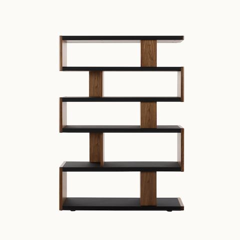 New Canaan High Bookshelf designed by BassamFellows for Geiger in Walnut with Black Leather shown in front view on a white sweep.