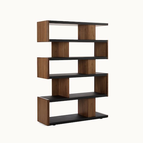 New Canaan High Bookshelf designed by BassamFellows for Geiger in Walnut with Black Leather shown angled on a white sweep.