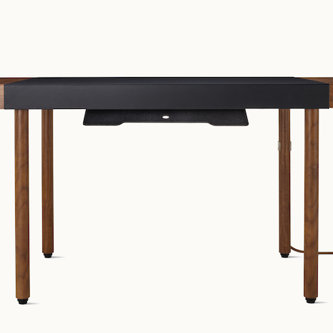 New Canaan Leatherwrap Sit-to-Stand Desk in walnut and black leather and view of the underside wire management and power access detail.