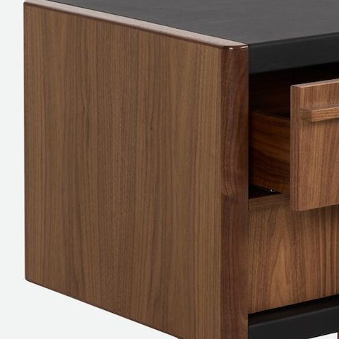 New Canaan Media Unit designed by BassamFellows for Geiger in Walnut with Black Leather with open drawer and cabinet door in front view on a white sweep.