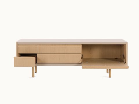 New Canaan Media Unit designed by BassamFellows for Geiger in Oak with Champagne Leather with open cabinet door in front view on a white sweep.