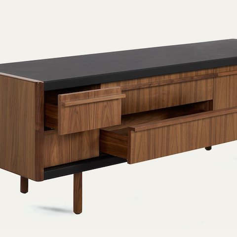 New Canaan Media Unit designed by BassamFellows for Geiger in Walnut with Black Leather with open drawer and cabinet door in front view on a white sweep.