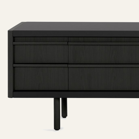 New Canaan Media Unit designed by BassamFellows for Geiger in Walnut with Black Leather shown angled on a white sweep.