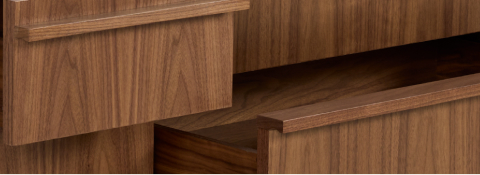 New Canaan Media Unit designed by BassamFellows for Geiger in Walnut with Black Leather with open drawer and cabinet door in front view on a white sweep.
