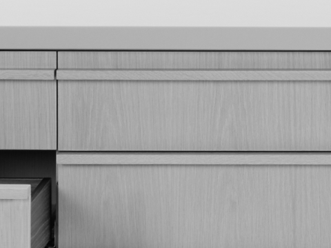 New Canaan Media Unit designed by BassamFellows for Geiger in Oak with Champagne Leather with open drawer and cabinet door in front view on a white sweep.