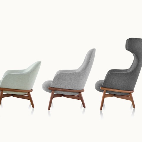 Side view of mid-back, high-back, and wing-back Reframe lounge chairs.