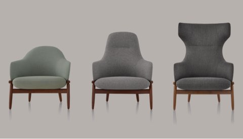 A light green Reframe mid-back lounge chair, a light gray high-back version, and a dark gray wing-back version, all viewed from the front. A light green Reframe mid-back lounge chair, a light gray high-back version, and a dark gray wing-back version, all viewed from the front.
