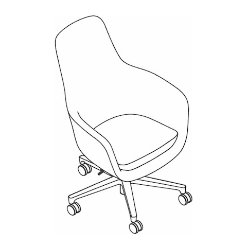 Line drawing of a high-back Saiba office chair with a five-star base, viewed from above at an angle.