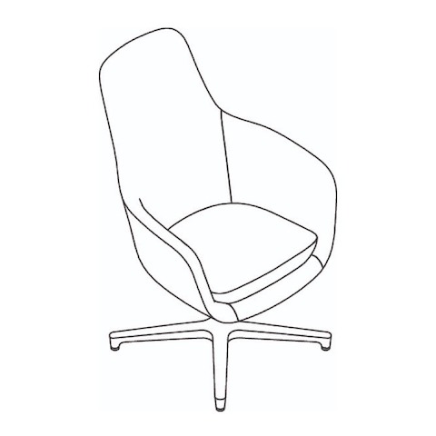 Line drawing of a high-back Saiba conference chair with a four-star base, viewed from above at an angle.