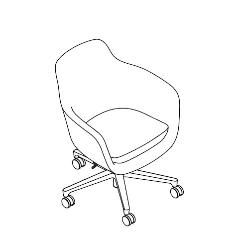 Line drawing of a mid-back Saiba office chair with a five-star base, viewed from above at an angle.