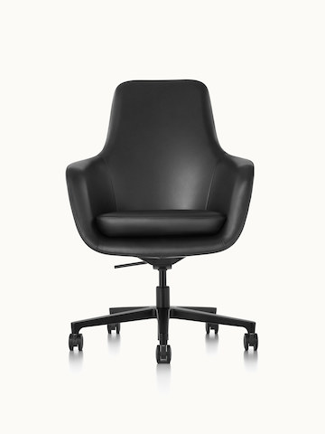 A high-back Saiba office chair with black leather upholstery and a five-star base, viewed from the front.