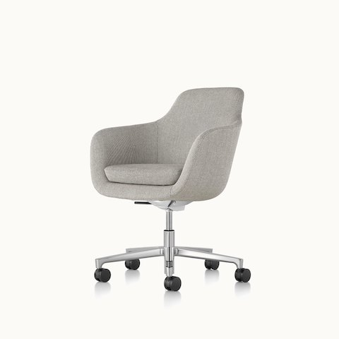 Angled view of a mid-back Saiba office chair with light gray upholstery and a five-star base. Select to go to the Saiba Chair product page.