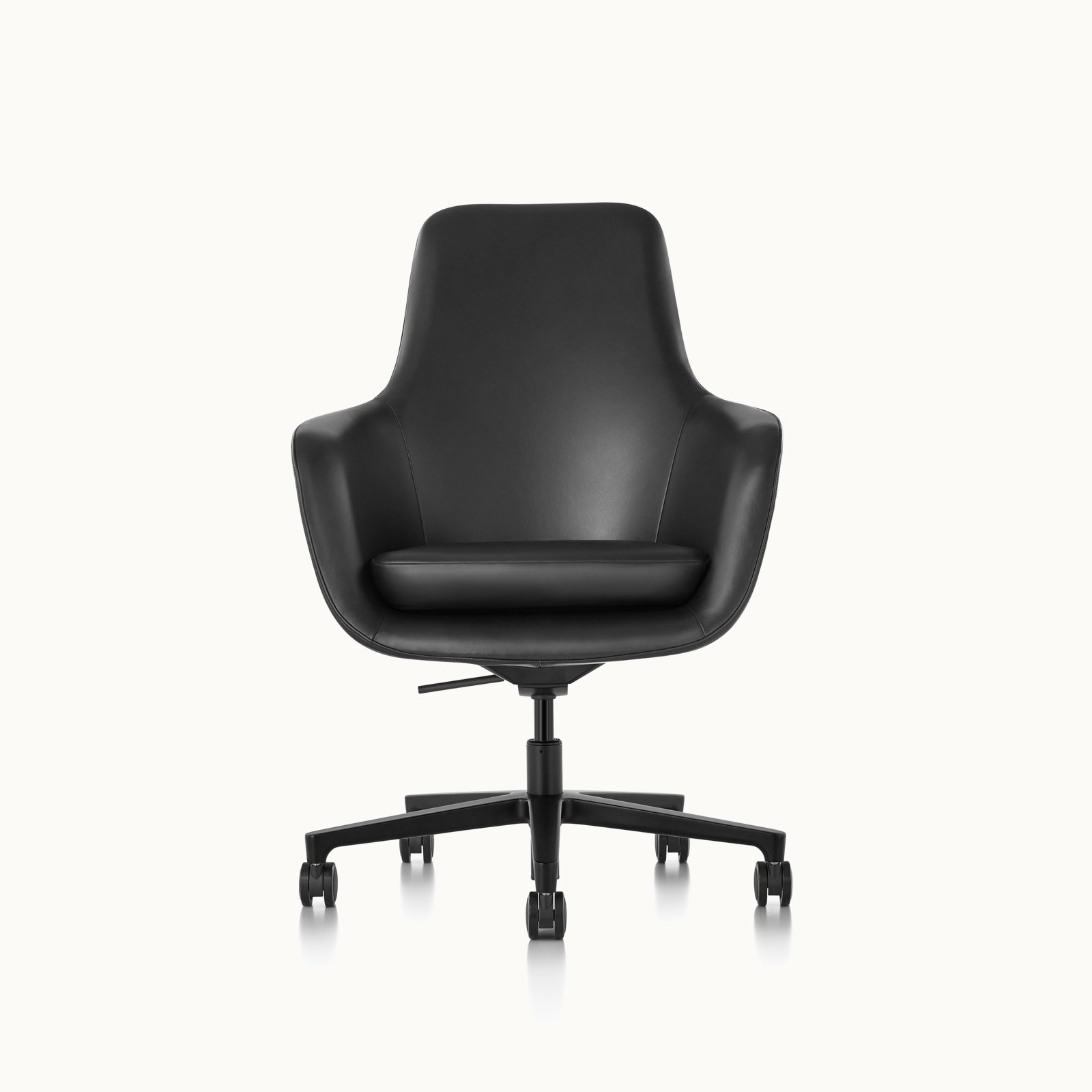 A high-back Saiba office chair with black leather upholstery and a five-star base, viewed from the front.