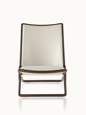 A Scissor lounge chair with ivory-colored leather upholstery and a wood frame in a dark finish, viewed from the front.