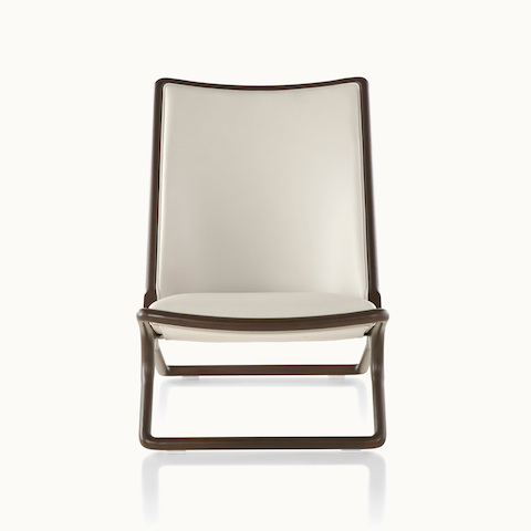 A Scissor lounge chair with ivory-colored leather upholstery and a wood frame in a dark finish, viewed from the front.