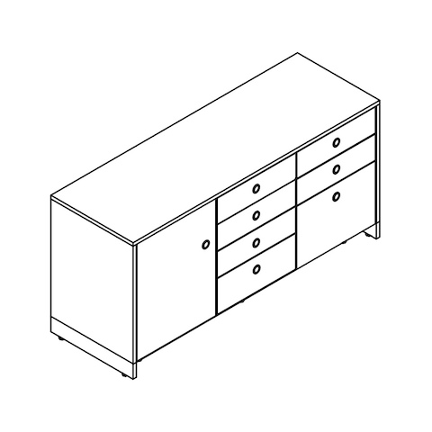 Line drawing of a Sled Base Storage credenza, viewed from above at an angle.