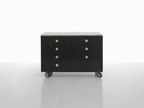 A two-unit Sled Base Storage mobile pedestal with a dark wood finish, casters, box drawers, and file storage.