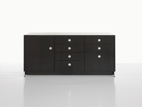 A three-unit Sled Base Storage credenza with a dark wood finish and a combination of hinged doors, box drawers, and file storage.