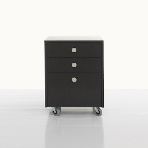 A Sled Base Storage mobile pedestal with a dark wood finish, casters, two box drawers, and one file drawer.