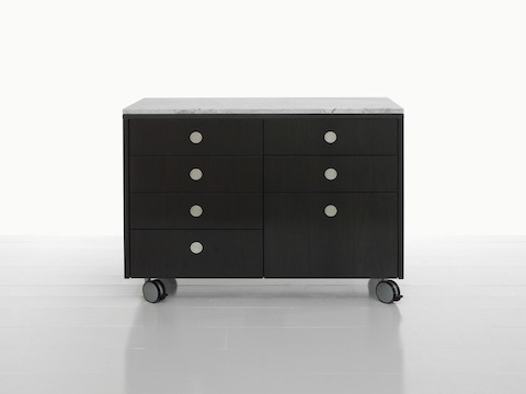 A two-unit Sled Base Storage mobile pedestal with a dark wood finish, casters, box drawers, and file storage.