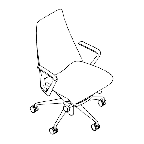 Line drawing of a Taper office chair, viewed from above at an angle.