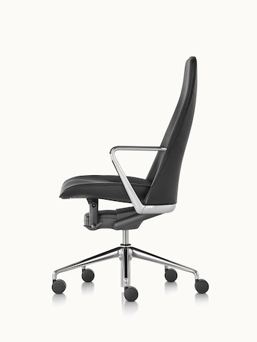 Side view of a Taper office chair with black leather upholstery.