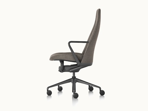 Side view of a Taper office chair upholstered in black fabric.