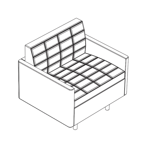 Line drawing of a quilted Tuxedo Classic club chair, viewed from above at an angle.