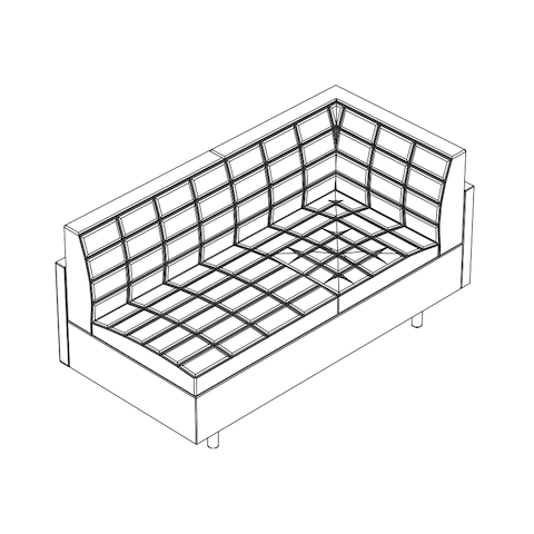 Line drawing of a quilted Tuxedo Classic connecting corner settee, viewed from above at an angle.