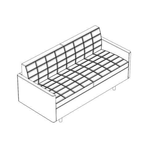 Line drawing of a quilted Tuxedo Classic settee, viewed from above at an angle.