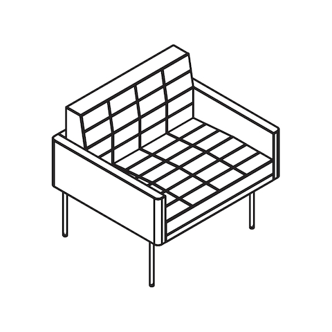 Line drawing of a quilted Tuxedo Component club chair, viewed from above at an angle.