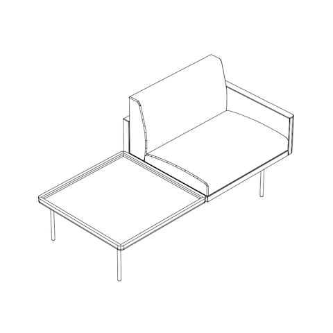 Line drawing of a non-quilted Tuxedo Component club chair with attached table, viewed from above at an angle.
