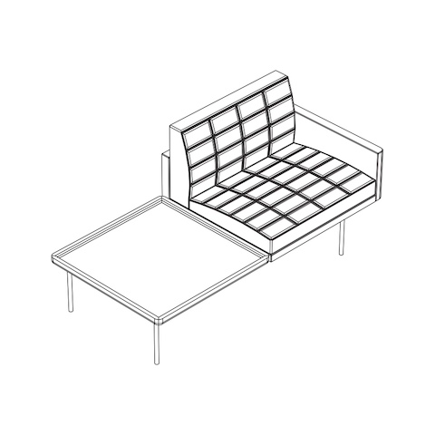 Line drawing of a quilted Tuxedo Component club chair with attached table, viewed from above at an angle.