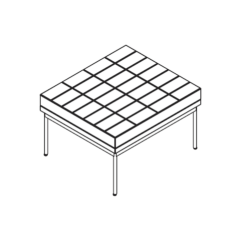 Line drawing of a quilted Tuxedo Component ottoman, viewed from above at an angle.