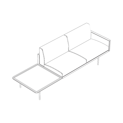 Line drawing of a non-quilted Tuxedo Component settee with attached table, viewed from above at an angle.