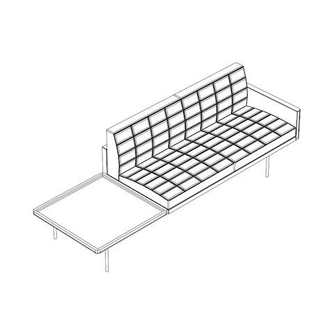 Line drawing of a quilted Tuxedo Component settee with attached table, viewed from above at an angle.