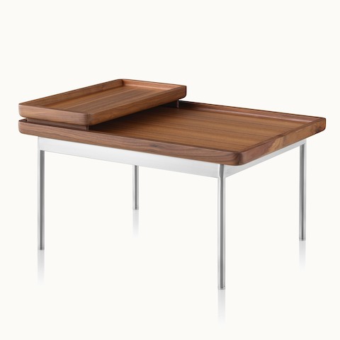 Angled view of a rectangular Tuxedo Component occasional table with a medium wood top and nesting tray.