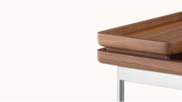 A Tuxedo Component Lounge Table featuring a Natural Walnut top and Satin Chrome Base.