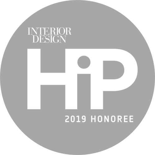 A circular logo with the words 'Interior Design - HiP 2019 Honoree'