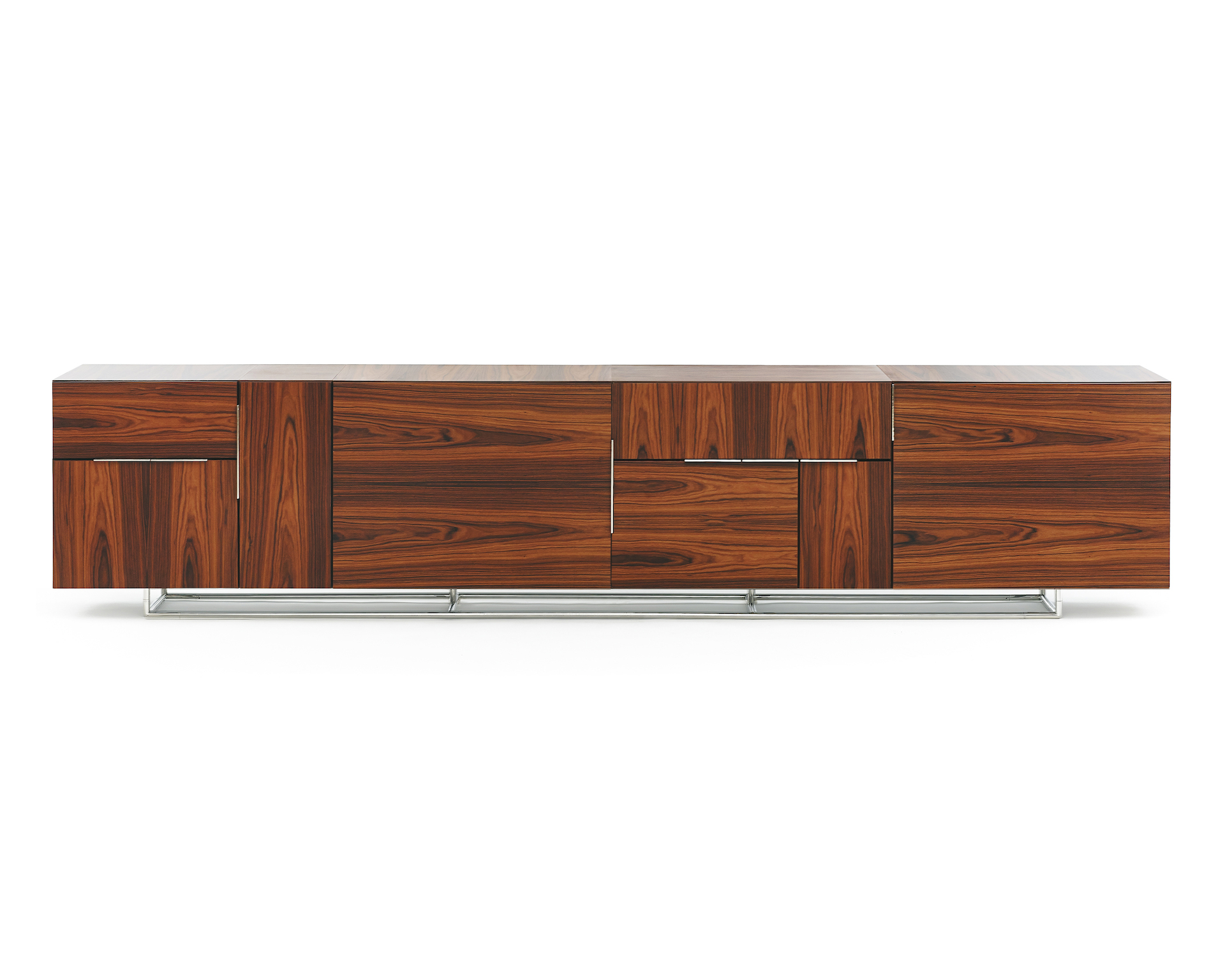 Partial front view of a Domino Storage credenza with a dark wood Morado finish and a mix of doors, drawers, and grain patterns.