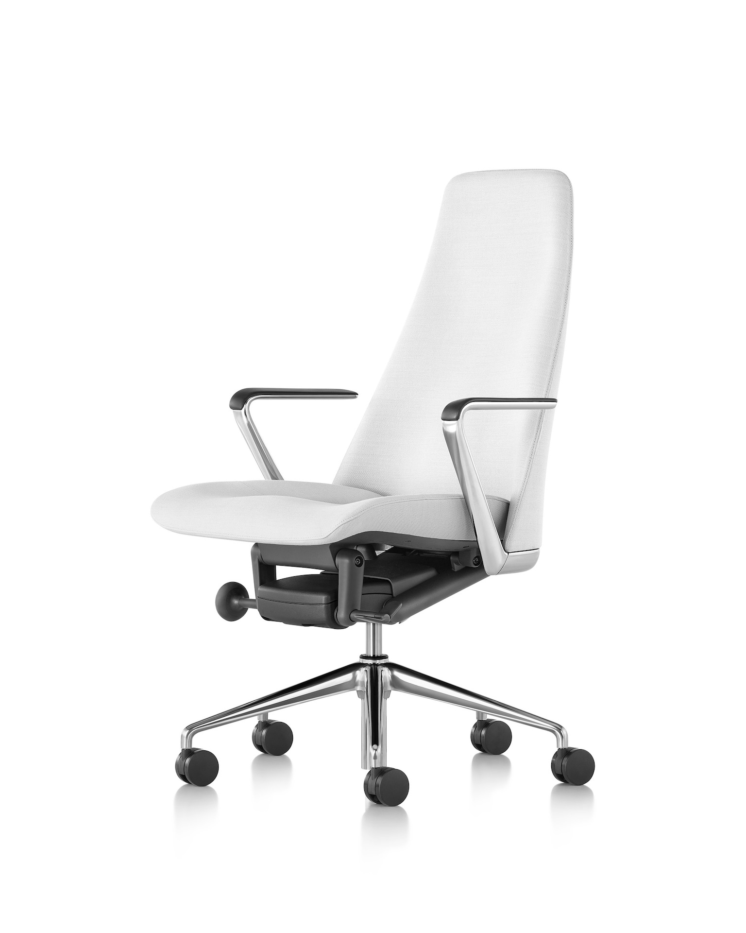 Angled view of a Taper office chair upholstered in off-white fabric.