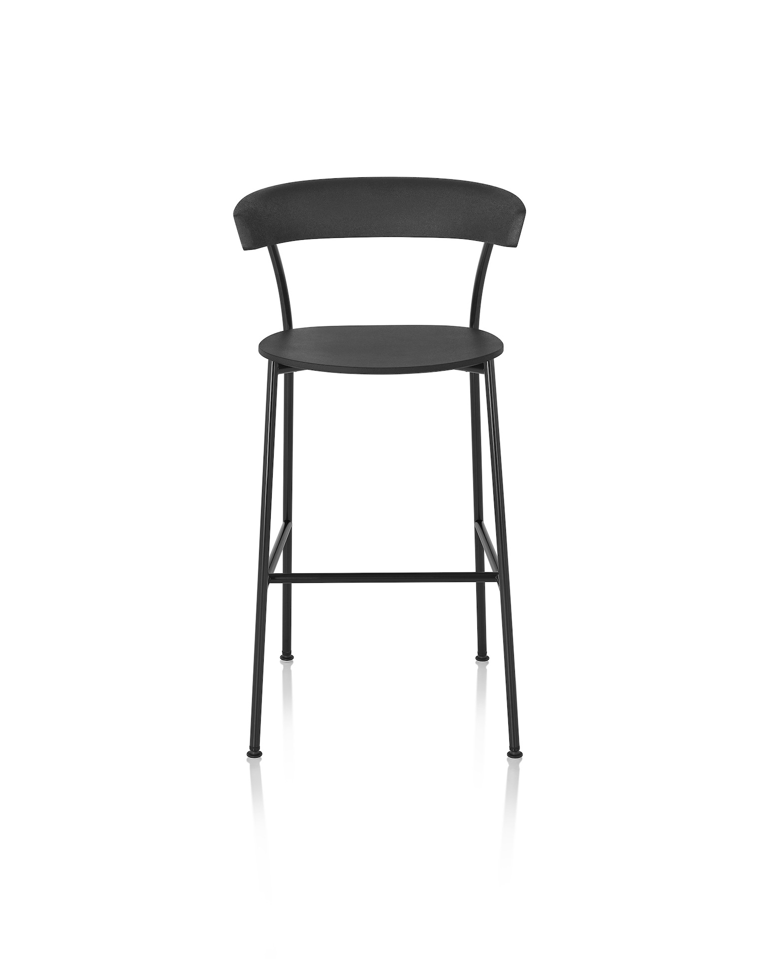A bar-height Leeway Stool with a black metal frame and a black polyurethane backrest and seat, viewed from the front.