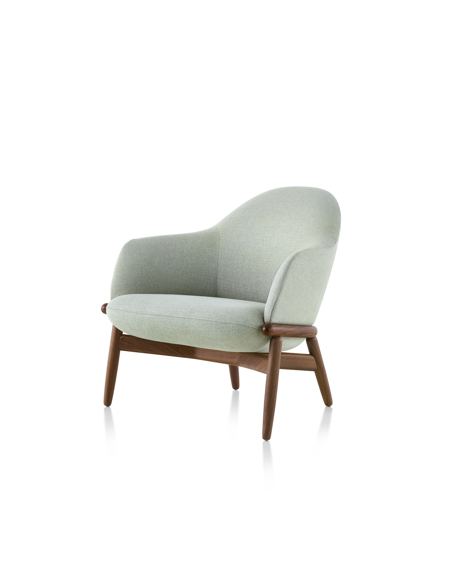 Reframe Mid-Back Lounge Chair with walnut base and beach glass textile, three-quarter front view.
