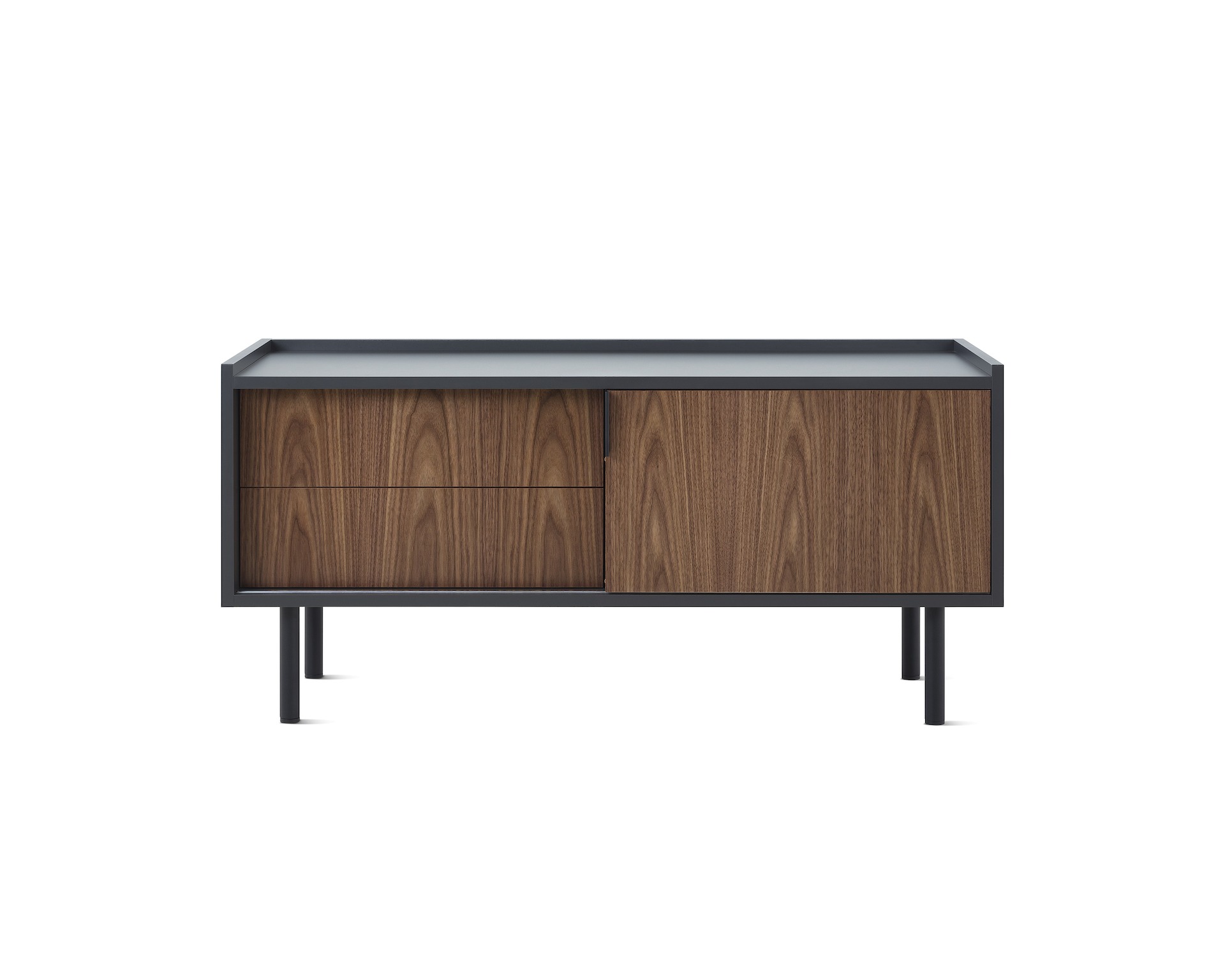 A Geiger One Casegoods credenza with a wood front and black frame.